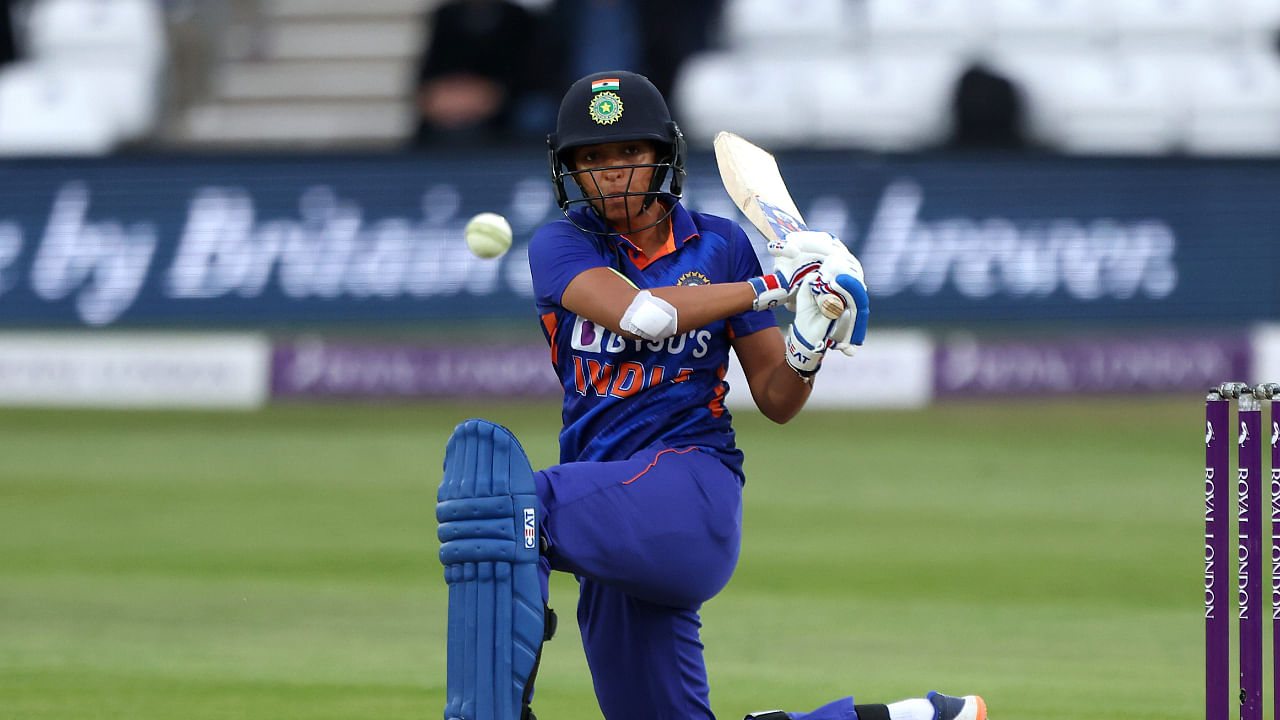 Harmanpreet Kaur of India plays a shot during the 2nd Women's One-Day International cricket match between India and England at St Lawrence Ground. Credit: PTI Photo