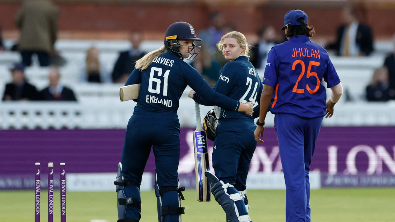 Charlie Dean and Freya Davies react after losing the match against India. Credit: Reuters Photo