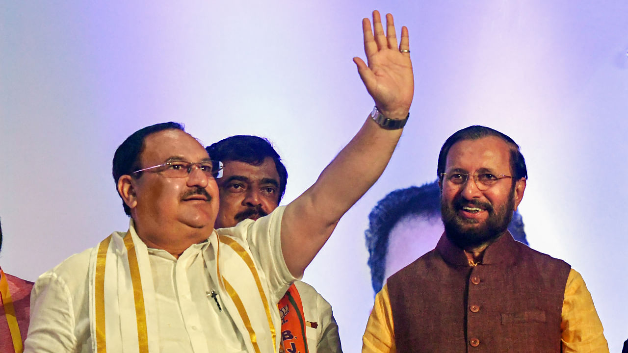 BJP National President JP Nadda with party MP Prakash Javadekar during a meeting of Booth Presidents and district level Booth-in-Charges in Kerala, in Thiruvananthapuram, Monday, Sept. 26, 2022. Credit: PTI Photo