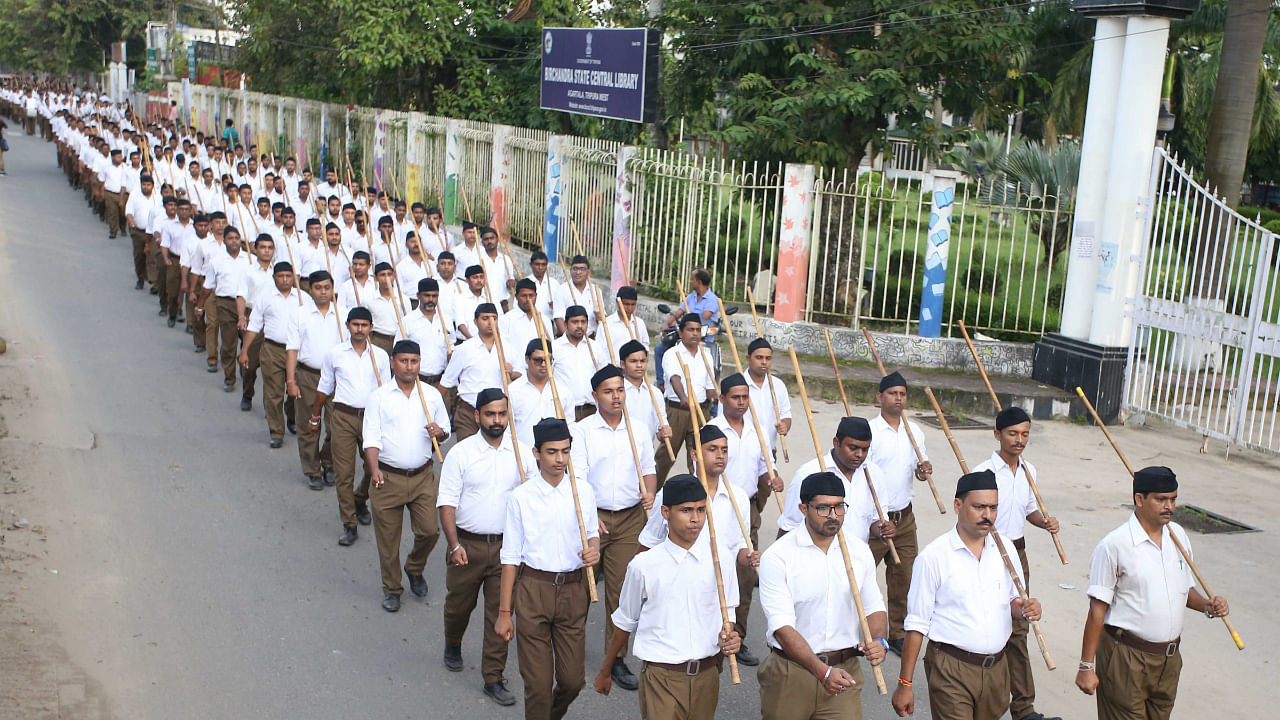 RSS volunteers on a march in Agartala, September 25, 2022. Representative image. Credit: PTI Photo