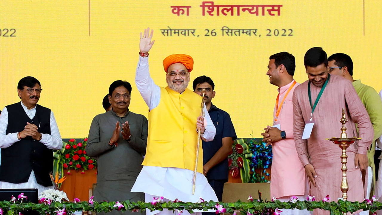 Amit Shah during the foundation stone laying ceremony of 350 bedded ESIC Hospital, at Sanand in Ahmedabad district, September 26, 2022. Credit: PTI Photo