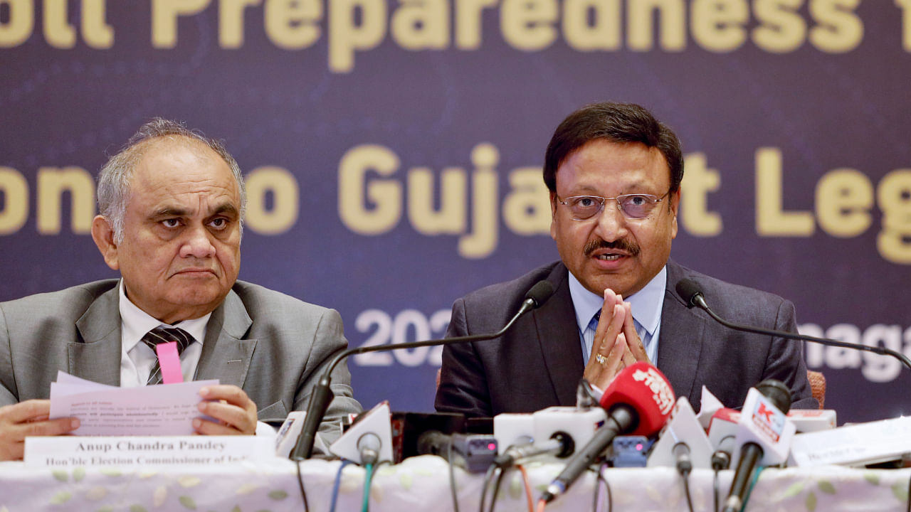 Chief Election Commissioner Rajiv Kumar and Election Commissioner Anup Chandra Pandey address a press conference, in Gandhinagar, Tuesday, Sept. 27, 2022. Credit: PTI Photo
