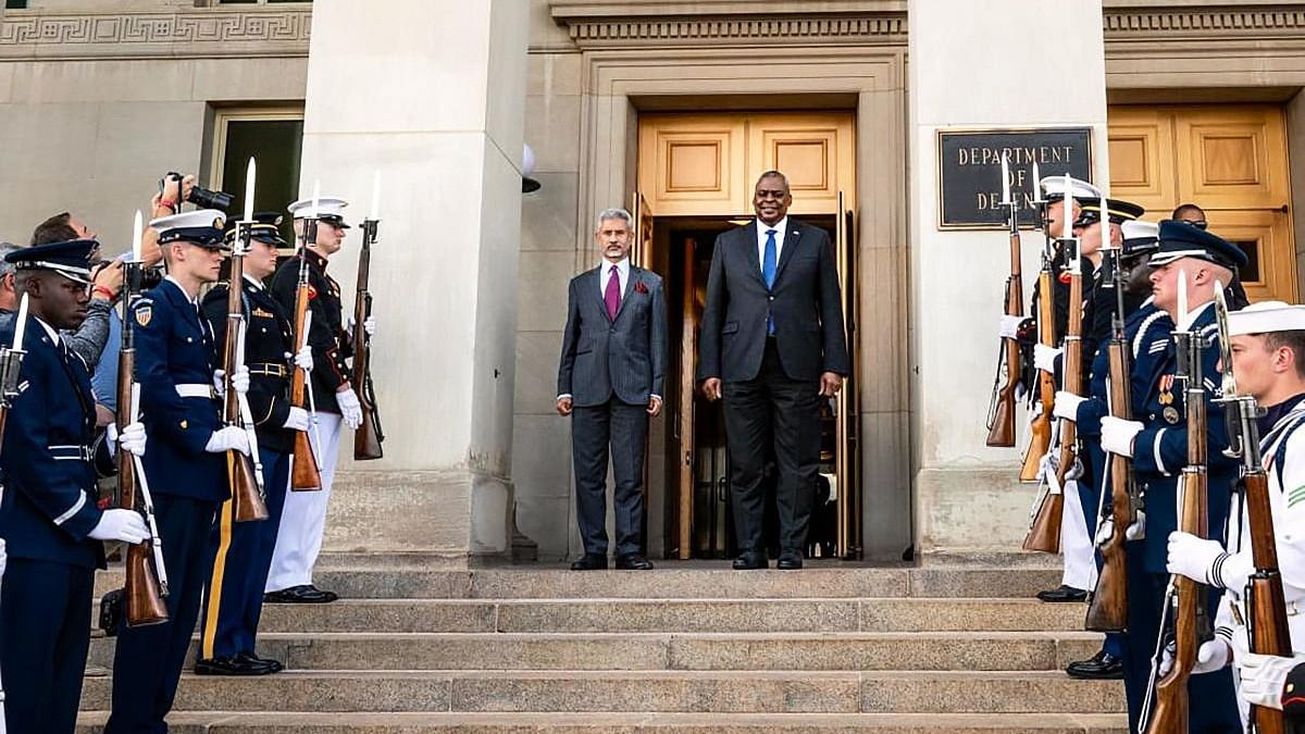 External Affairs Minister S Jaishankar with US Secretary of Defense Lloyd Austin at the Pentagon in Washington. Credit: PTI Photo