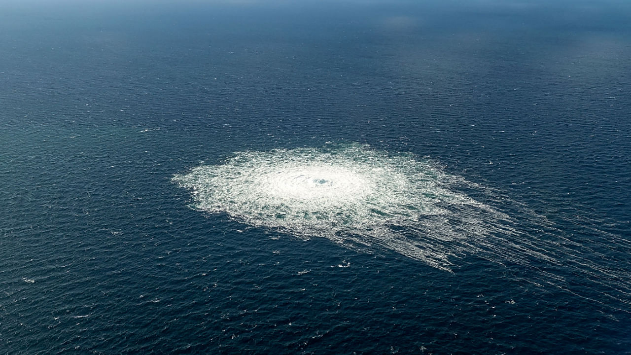 The gas leak at the Nord Stream 2 gas pipeline as it is seen from the Danish Defence's F-16 rejection response off the Danish Baltic island of Bornholm, south of Dueodde, September 27, 2022. Credit: AFP Photo / Danish Defence