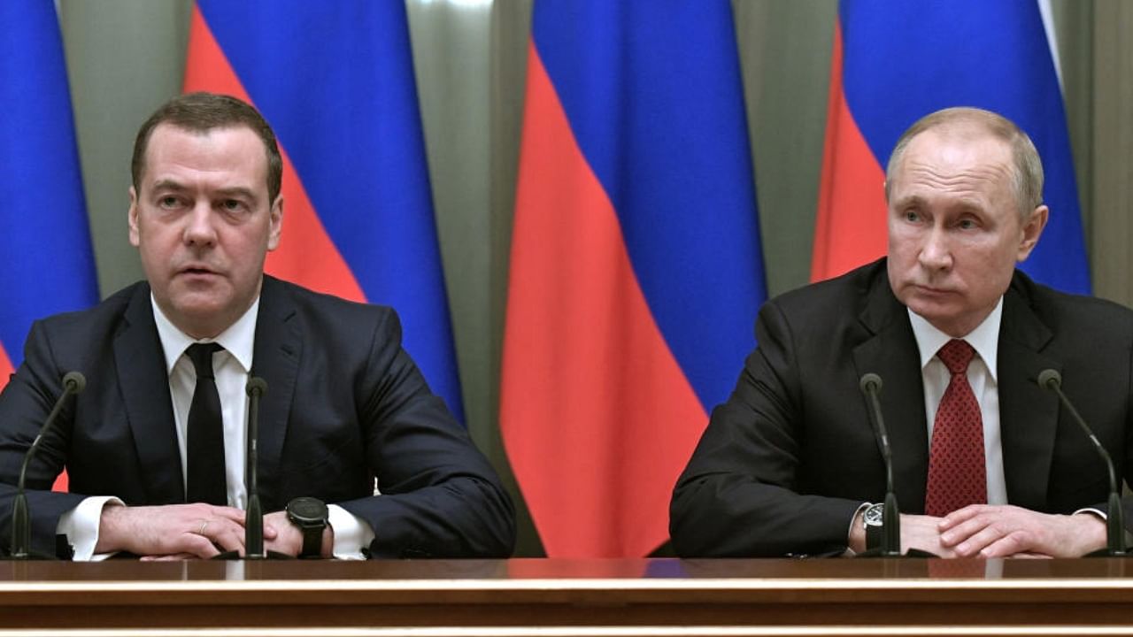 Russian President Vladimir Putin and Deputy Chairman of the Russian Security Council Dmitry Medvedev. Credit: Reuters File Photo