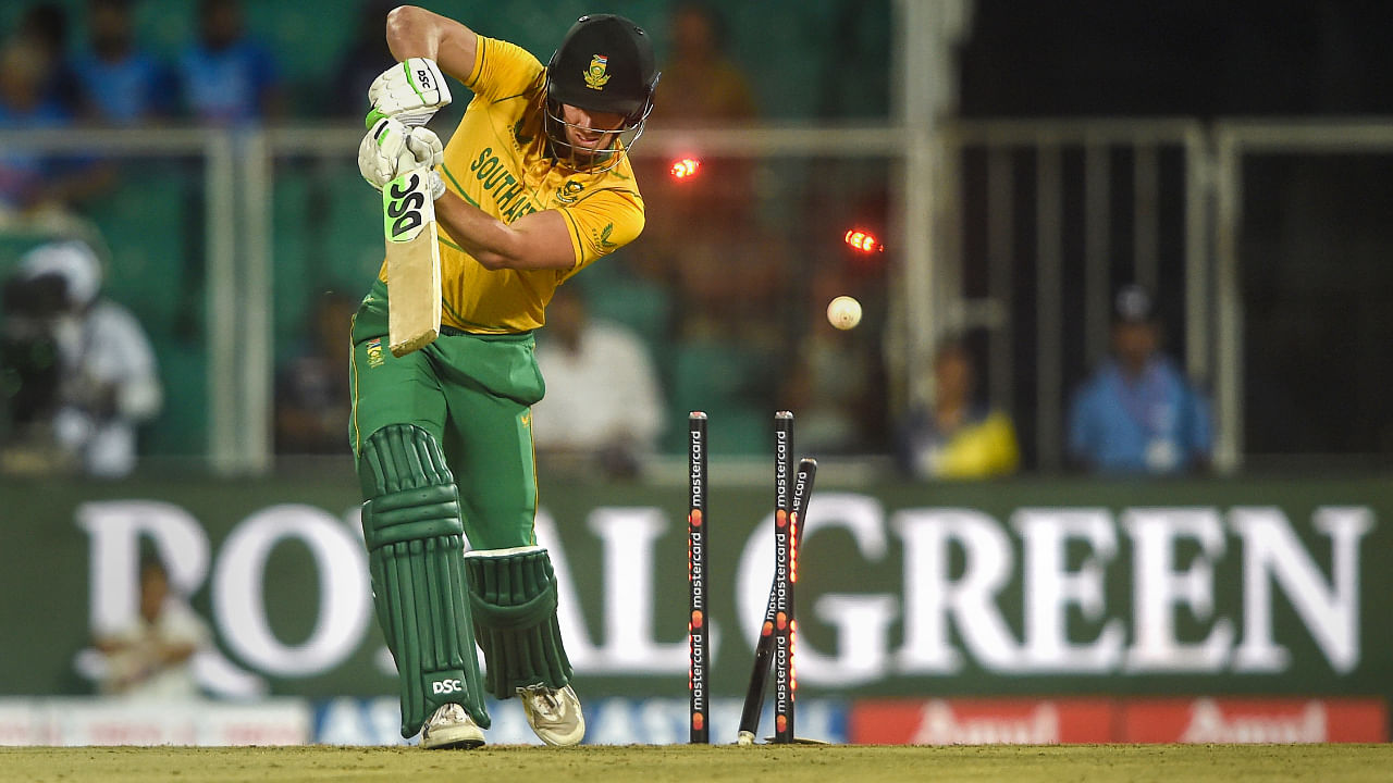 South Africa's David Miller being bowled out by Indian bowler Arshdeep Singh during the 1st T20 cricket match between India and South Africa, at Greenfield International Stadium in Thiruvananthapuram, Wednesday, Sept. 28, 2022. Credit: PTI Photo
