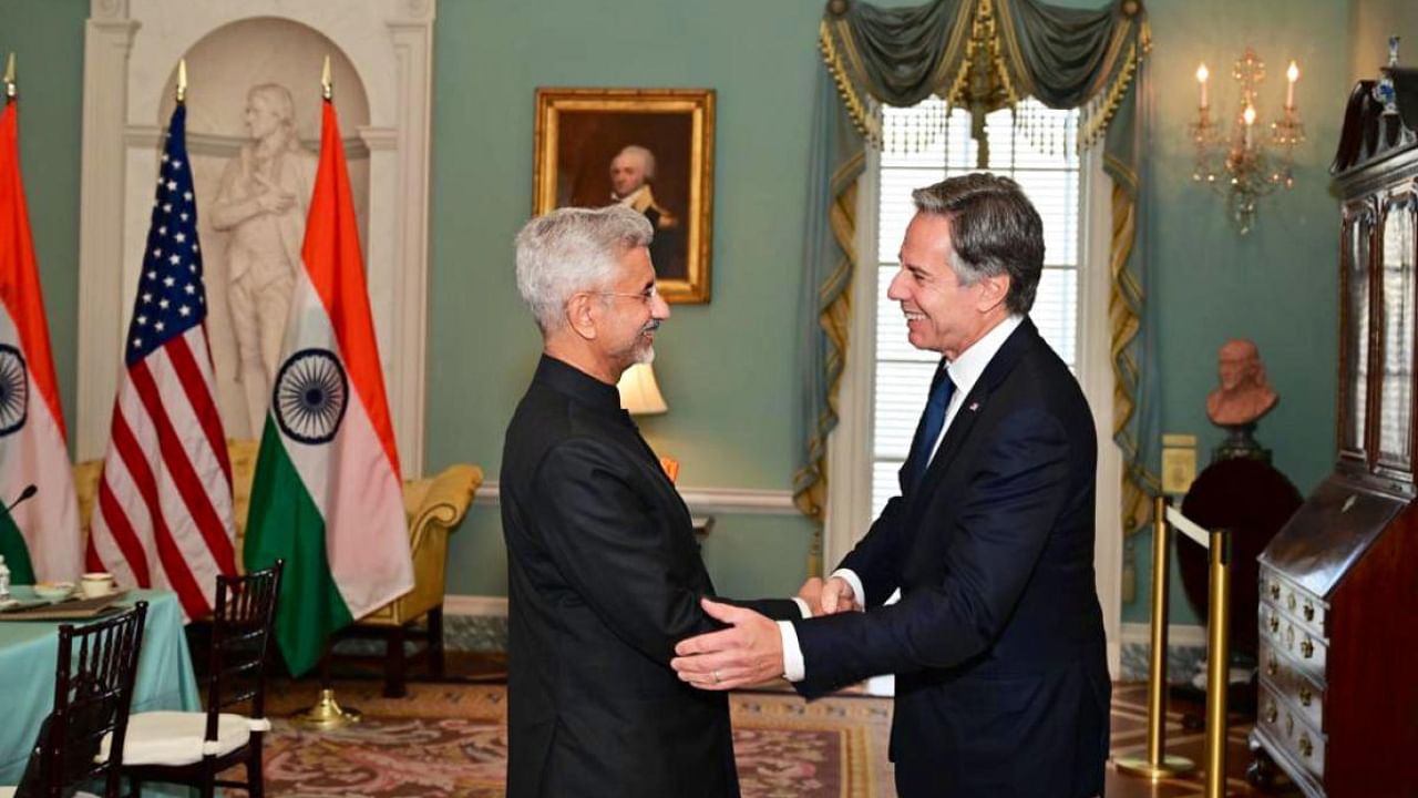 External Affairs Minister S Jaishankar meets US Secretary of State Antony Blinken in Washington. Credit: PTI Photo
