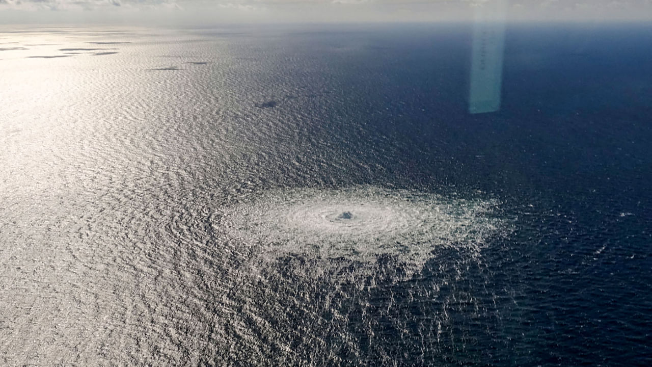 The gas leak at the Nord Stream 2 gas pipeline as it is seen from the Danish Defence's F-16 rejection response off the Danish Baltic island of Bornholm, south of Dueodde, September 27, 2022. Credit: AFP Photo / Danish Defence