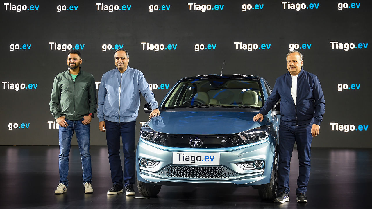 Tata Motors executives pose during the launch of Tiago.ev electric vehicle, in Mumbai, Wednesday, Sept. 28, 2022. Credit: PTI Photo