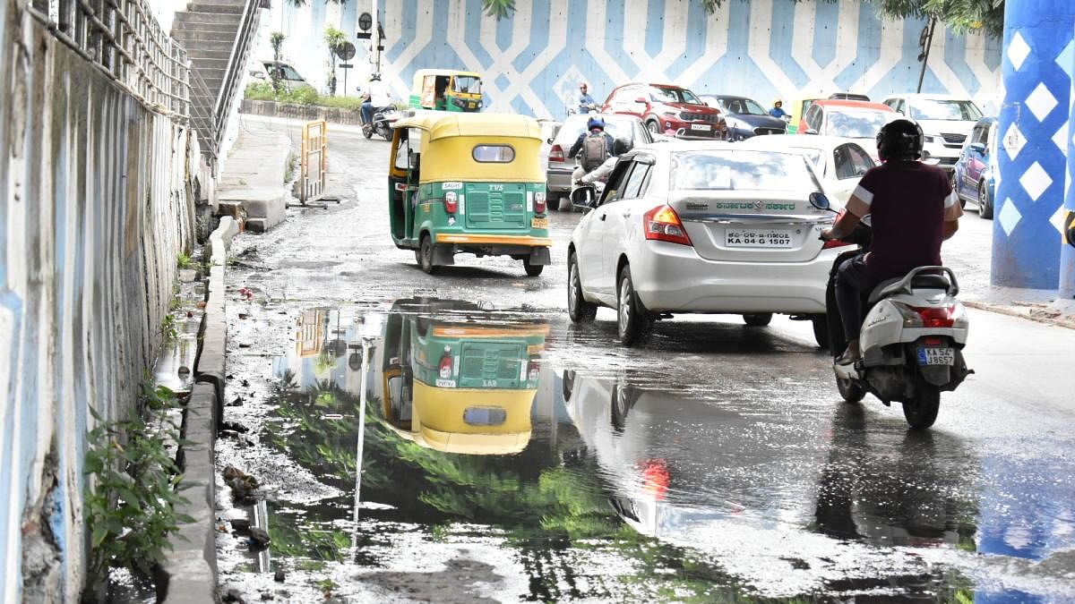 Water leaked on this stretch on Palace Cross Road for a week. But authorities turned a blind eye to the situation. Credit: DH Photo/Rishita Khanna