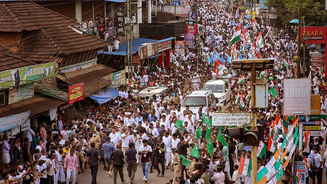 Congress leader Rahul Gandhi and other party workers during the 18th day of Bharat Jodo Yatra in Malappuram. Credit: PTI Photo