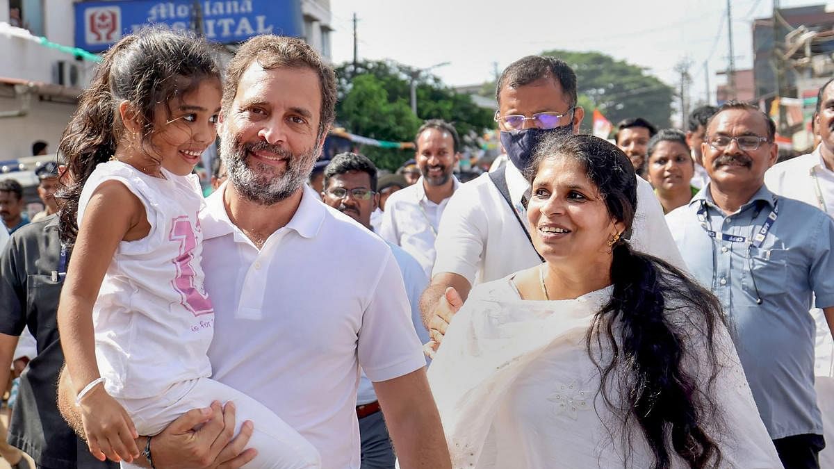 Congress leader Rahul Gandhi with others during the party's 'Bharat Jodo Yatra' in Kerala. Credit: PTI Photo
