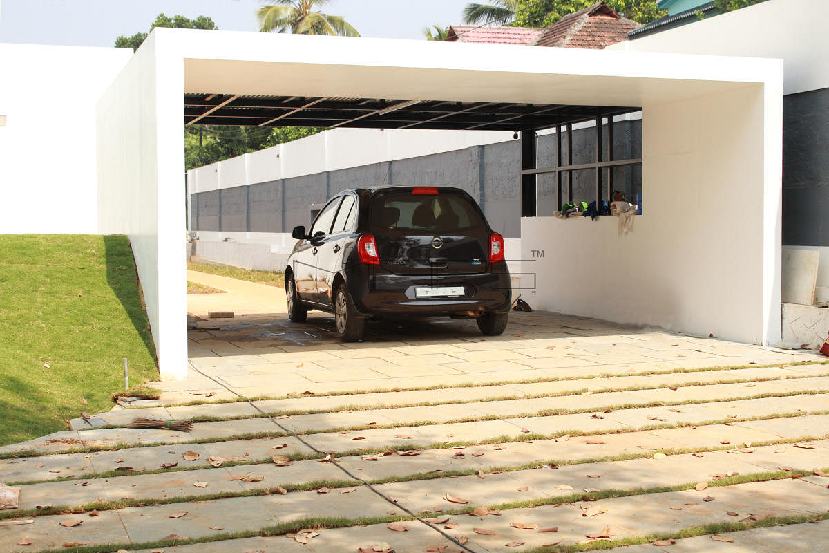 A contemporary-style car park at a villa in Palakkad, designed by Mars Architects, Bengaluru. Credit: Special arrangement