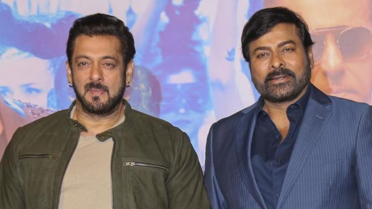 Bollywood actor Salman Khan and Telugu actor Chiranjeevi during a promotional event of upcoming movie Godfather, in Mumbai. Credit: PTI Photo