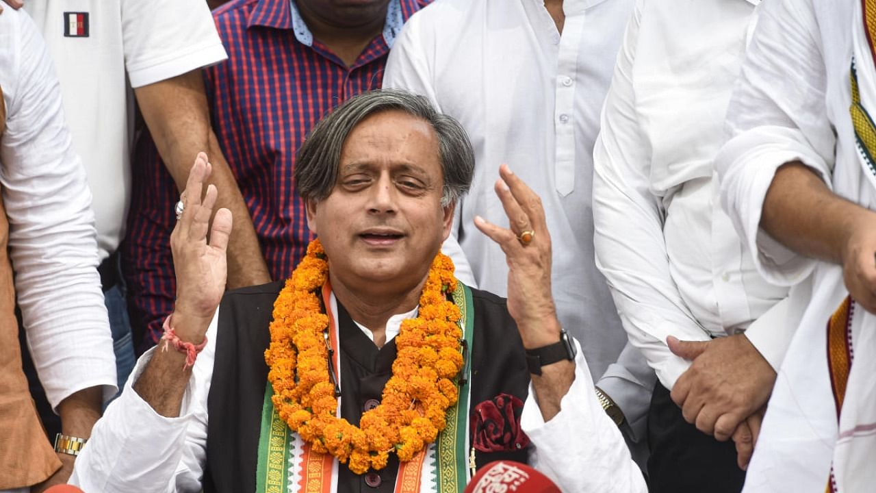 Congress leader Shashi Tharoor addresses a press conference after filing his nomination papers for the post of party President, in New Delhi. Credit: PTI Photo