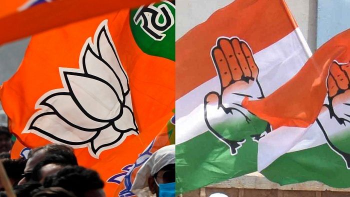 The flags of the BJP (L) and the Congress (R). Credit: AFP, DH File Photos
