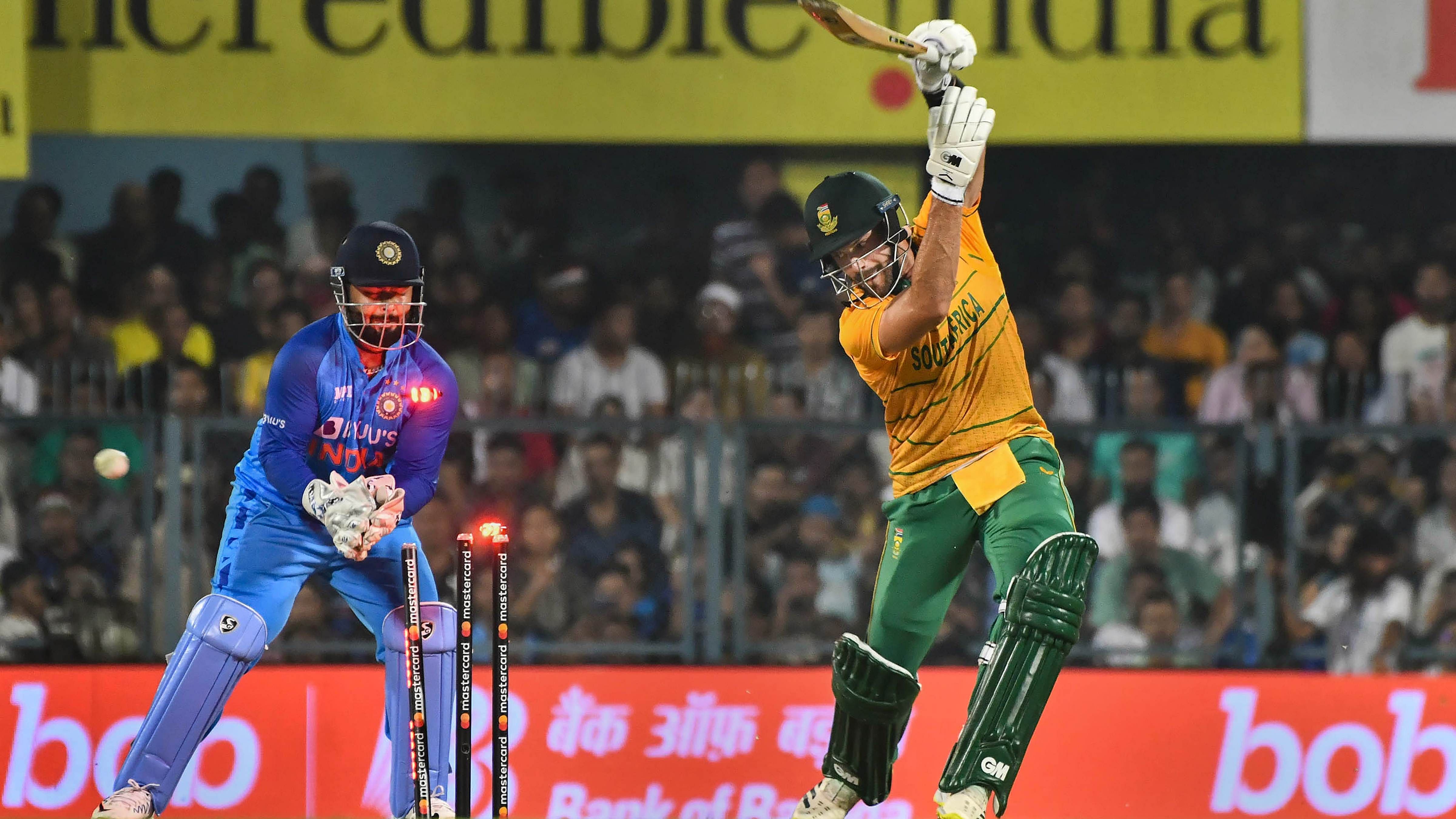 South African batter Markram being bowled out during the 2nd T20 cricket match. Credit: PTI Photo