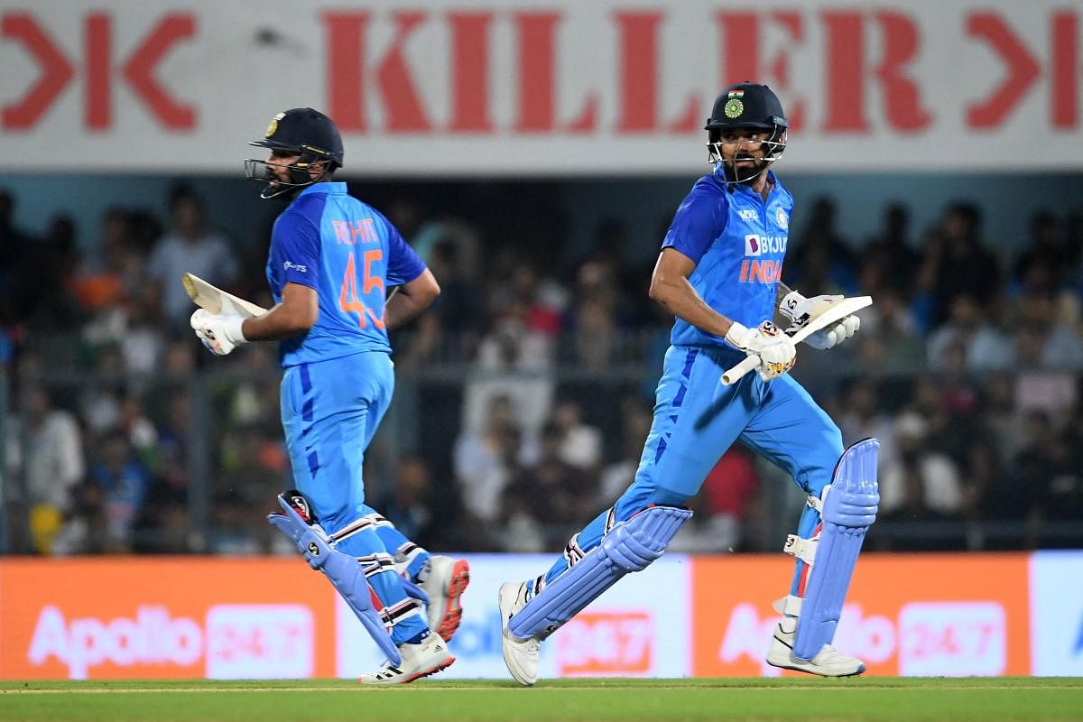 India's captain Rohit Sharma (L) and his teammate KL Rahul run between the wickets during the second Twenty20 international cricket match between India and South Africa at the Assam Cricket Association Stadium in Guwahati on October 2, 2022. Credit: AFP Photo