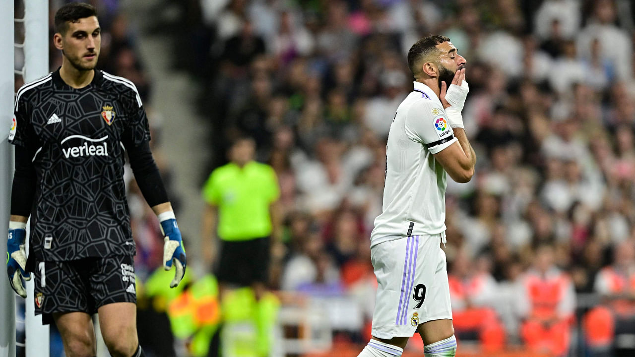  Karim Benzema reacts to missing a goal opportunity against Osasuna, October 2, 2022. Credit: AFP Photo