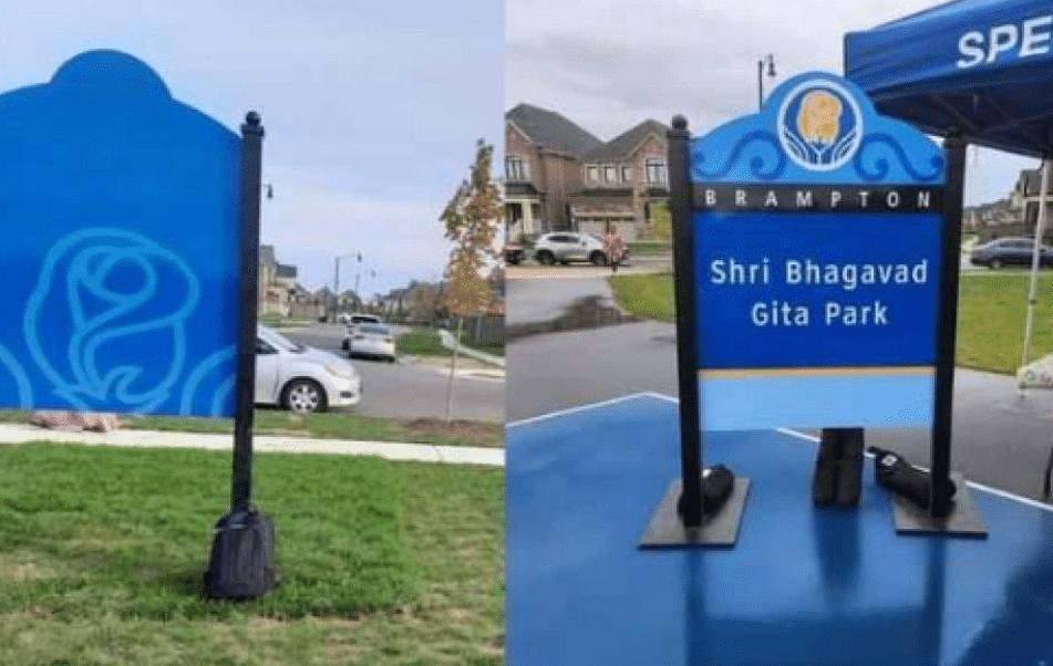 The latest brouhaha started after a blank sign was seen at the recently unveiled “Shri Bhagavad Gita Park” in Brampton. Credit: Twitter