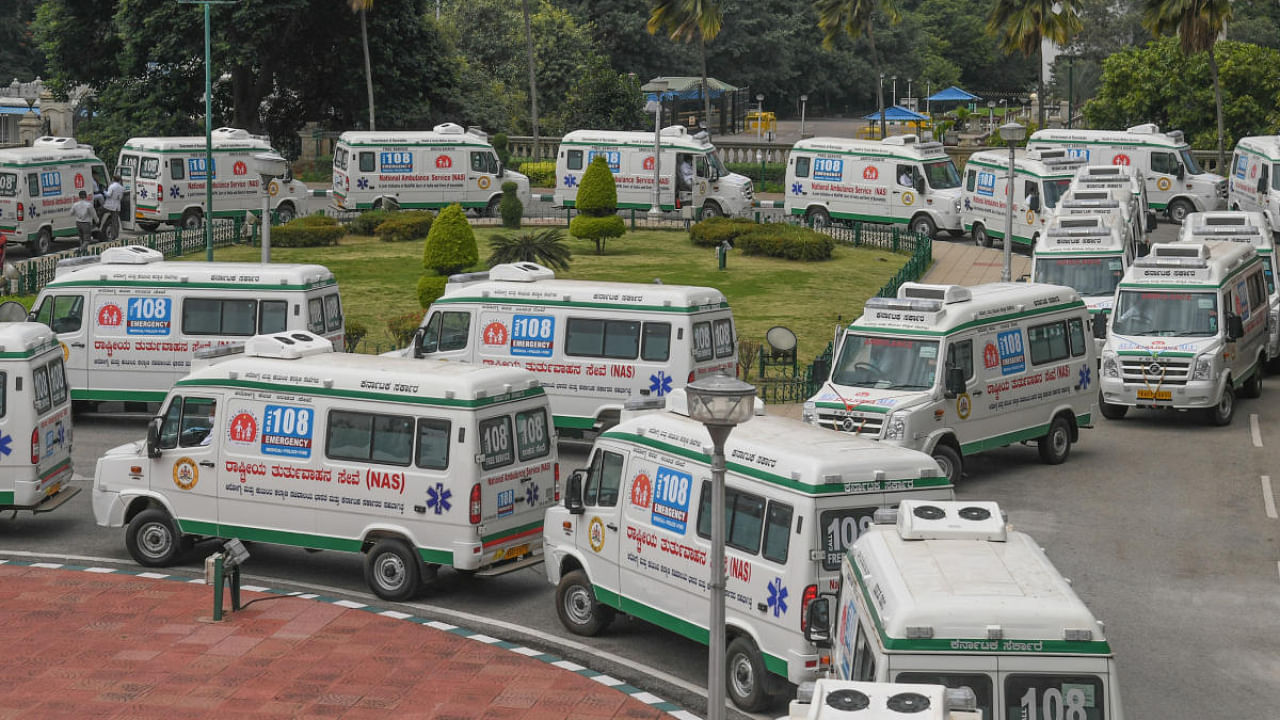 The services of '108' ambulances were affected for about 16 hours across the state recently due to a technical glitch in the system. Credit: DH File Photo