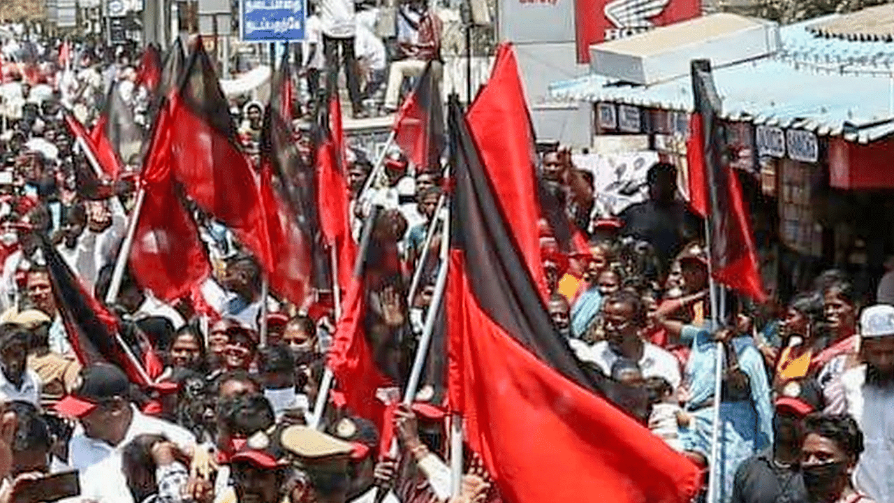 File photo of DMK flags being displayed during a procession. Credit: PTI Photo