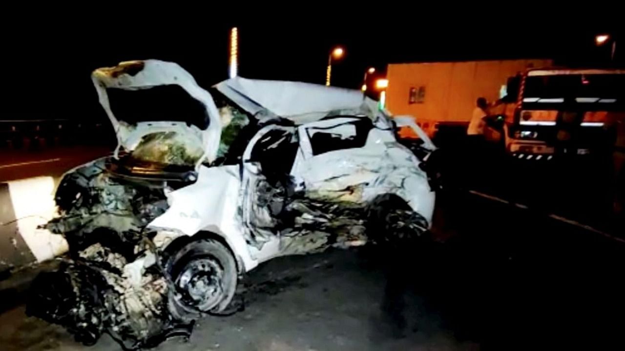 Wreckage of a car after a collision between four cars and an ambulance on the Bandra Worli Sea Link, in Mumbai, Wednesday morning, Oct. 5, 2022. Atleast 5 people were killed and 8 others injured in the accident, according to police. Credit: PTI Photo