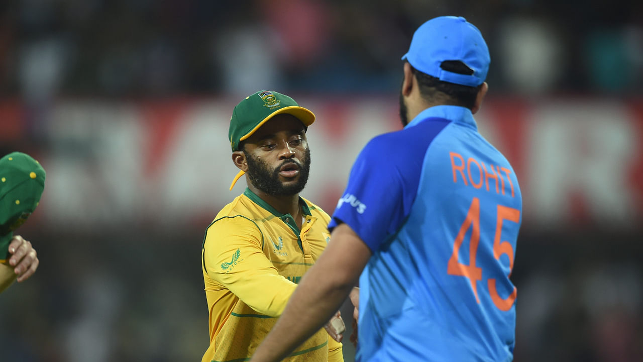 South African captain Temba Bavuma and Indian captain Rohit Sharma exchange greetings after the 3rd T20 cricket match, at the Holkar Stadium in Indore, Tuesday, Oct. 4, 2022. Credit: PTI Photo