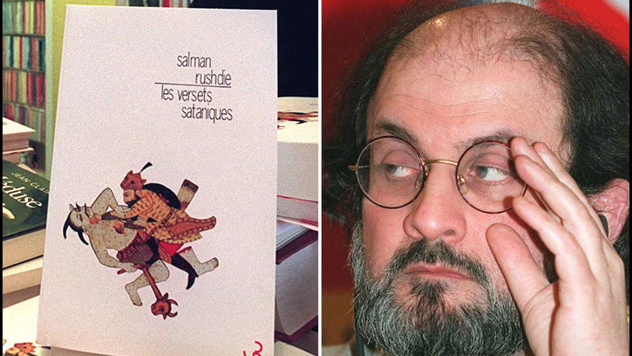 In this file combo photo, India-born British writer Salman Rushdie looks on during a press conference on February 12, 1997 in Paris (R); and a specimen of the French edition of his book 'The Satanic Verses'. Credit: AFP File Photo