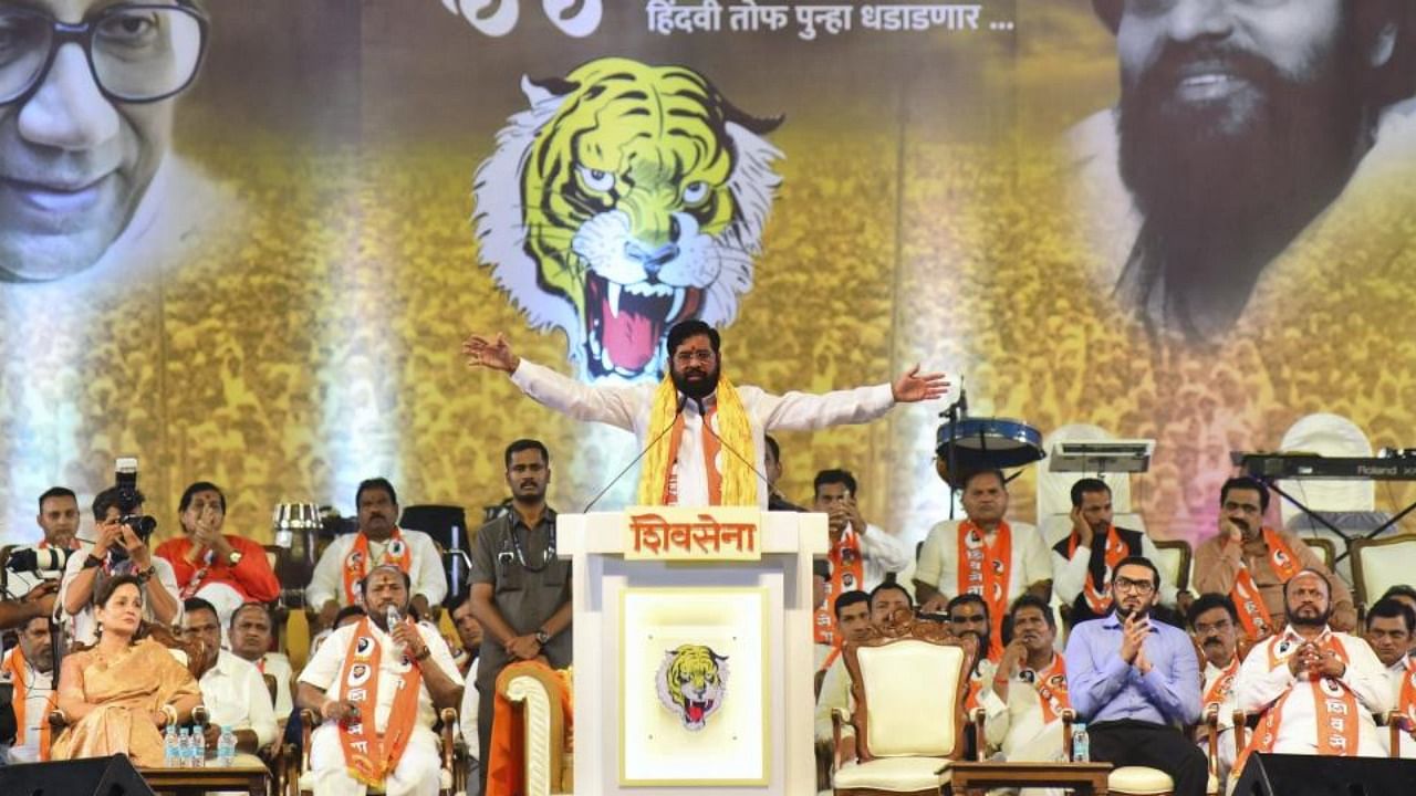 Maharashtra CM Eknath Shinde addresses supporters during their Dussehra Rally at BKC ground, in Mumbai, Wednesday, Oct. 5, 2022. Credit: PTI Photo