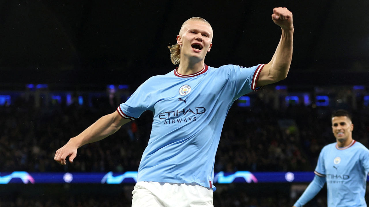 Manchester City's Erling Braut Haaland celebrates scoring their first goal. Credit: Reuters Photo