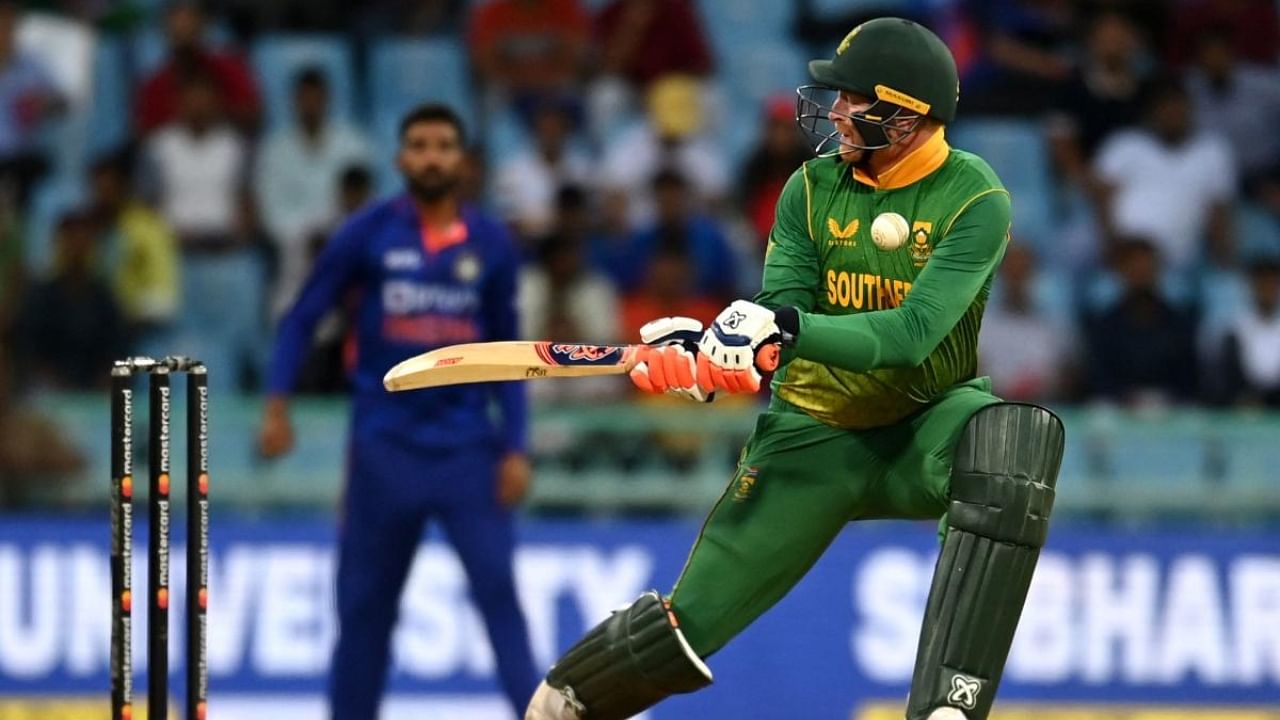 South Africa's Heinrich Klaasen plays a shot during the first one-day international (ODI) cricket match between India and South Africa at the Ekana Cricket Stadium in Lucknow on October 6, 2022. Credit: AFP photo