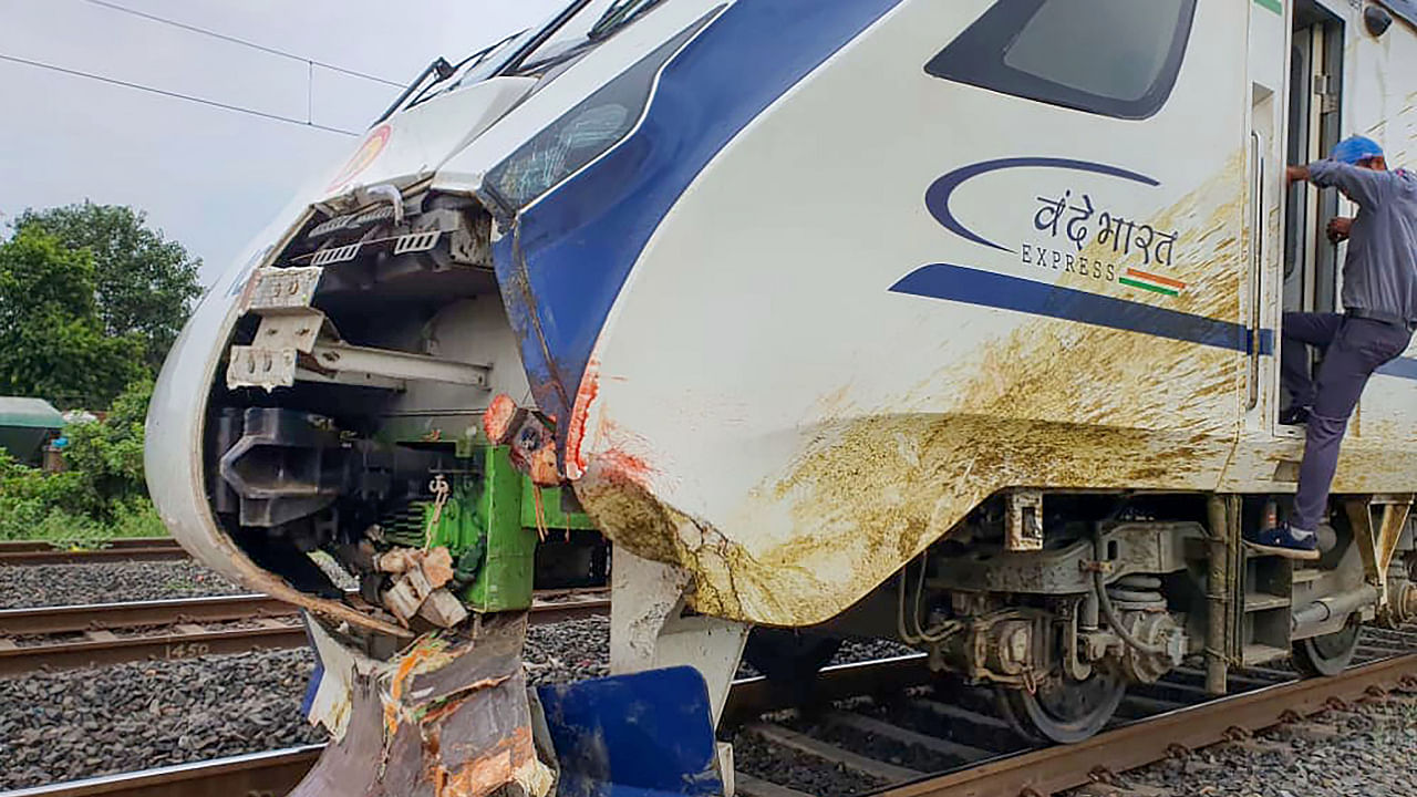 Vande Bharat Express train, running between Mumbai Central and Gandhinagar, suffers damages after a collision with a herd of buffaloes. Credit: PTI Photo