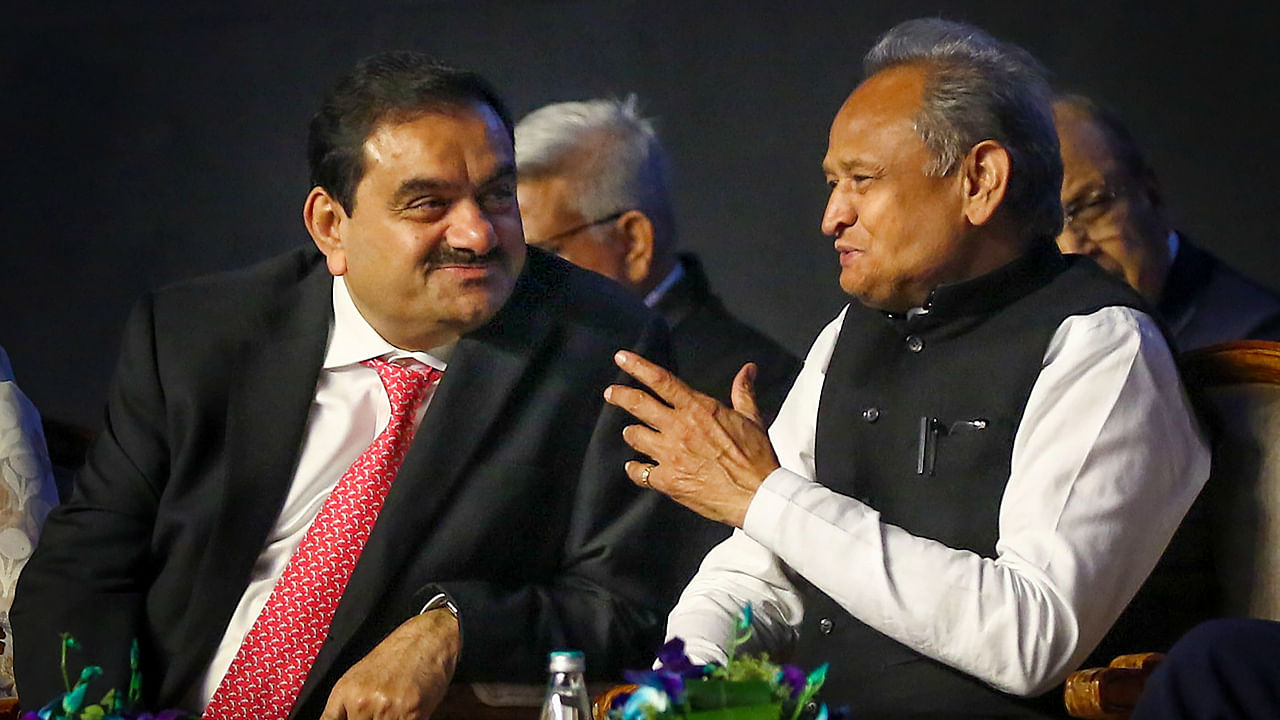 Rajashtan CM Ashok Gehlot and Adani Group Chairman Gautam Adani during the Invest Rajasthan Summit 2022, in Jaipur. Credit: PTI Photo