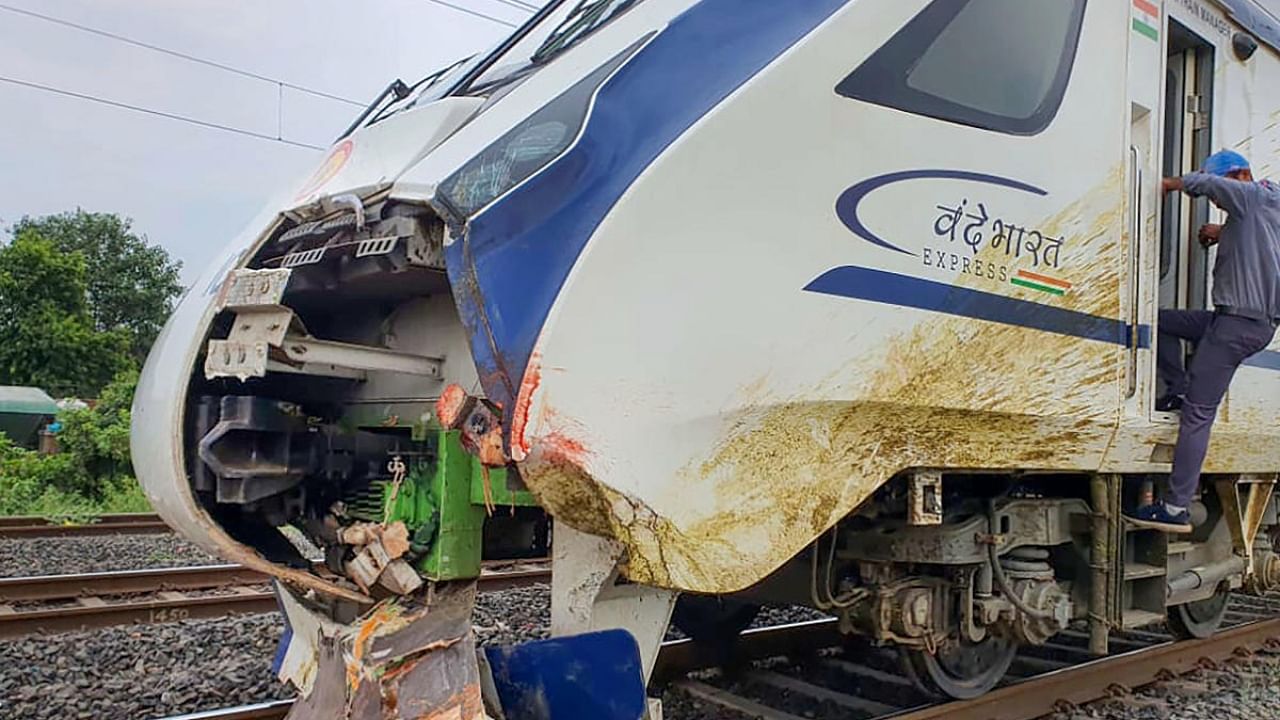 The damaged Vande Bharat Express train running between Mumbai Central and Gandhinagar. Credit: PTI Photo