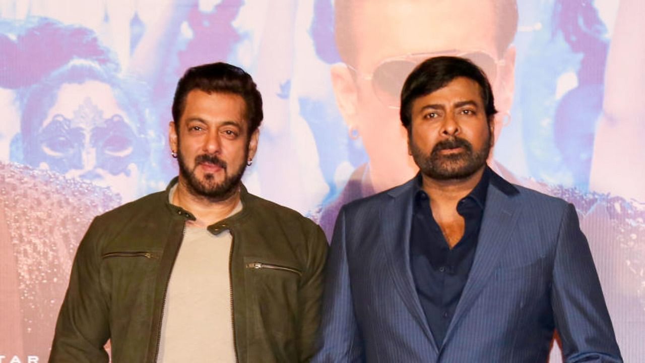 Bollywood actor Salman Khan and Telugu actor Chiranjeevi during a promotional event of upcoming movie GodFather. Credit: PTI Photo