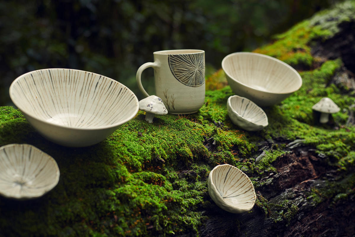 These bowls and mugs by Ayushi Rastogi are inspired from the mushrooms of the Nilgiris in Coonoor, where she runs her ceramic studio Ayra