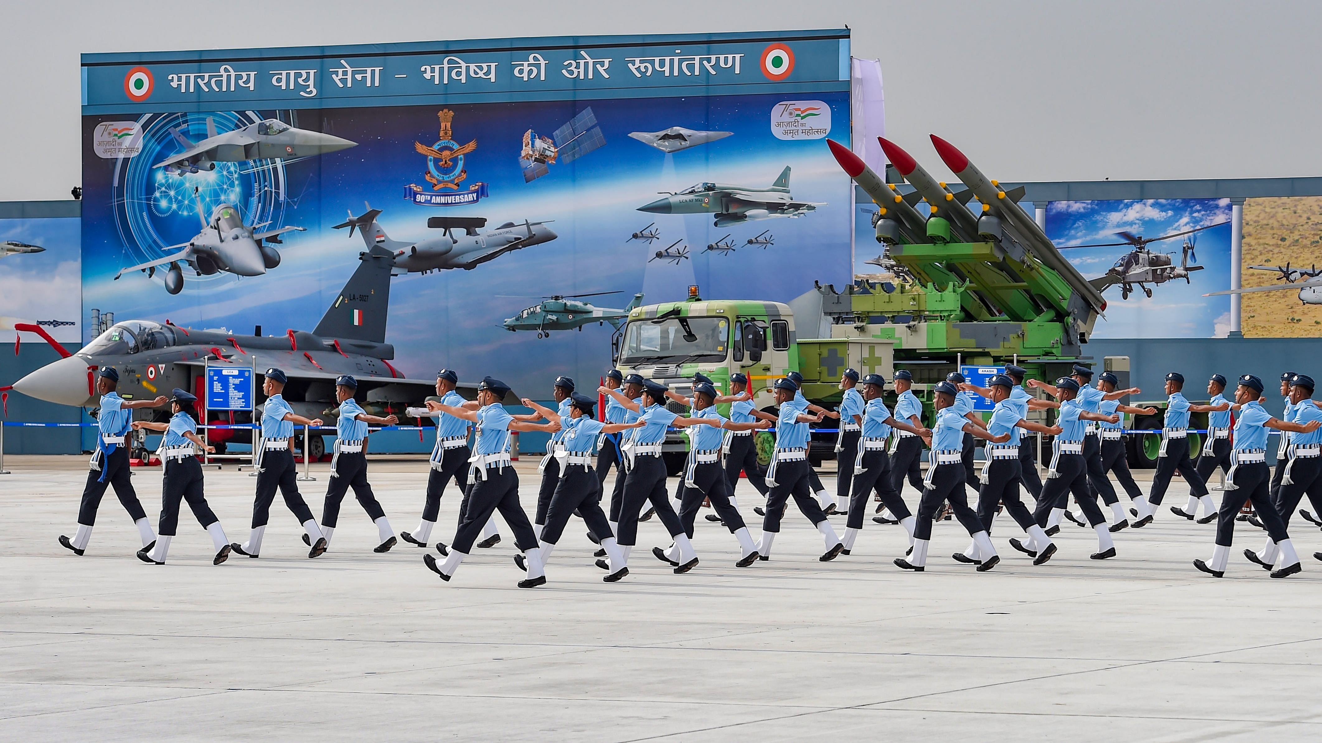 Air Force personnel perform a march-past during 90th anniversary celebrations of Indian Air Force (IAF). Credit: PTI Photo