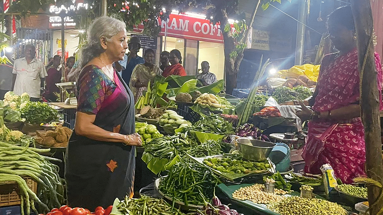 Finance Minister Nirmala Sitharaman on Saturday took time off to visit a local market in Chennai and purchased vegetables. Credit: PTI Photo