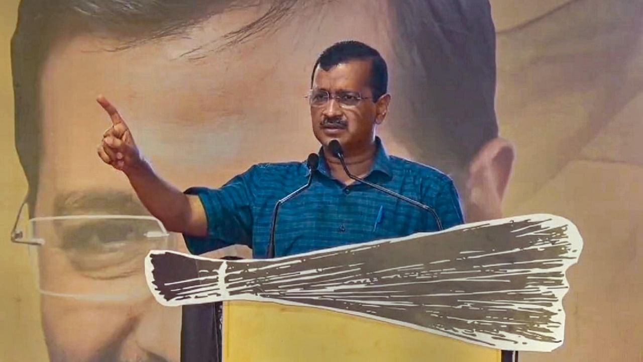 Delhi Chief Minister Arvind Kejriwal speaks during a public meeting in Valsad. Credit: PTI Photo