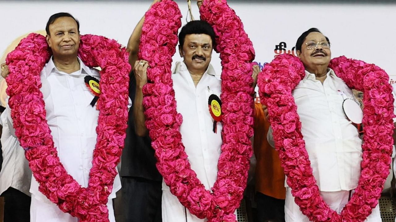 DMK President and Tamil Nadu Chief Minister MK Stalin with party's General Secretary Duraimurugan and Treasurer TR Balu during the party's General Council Meeting, in Chennai. Credit: PTI Photo