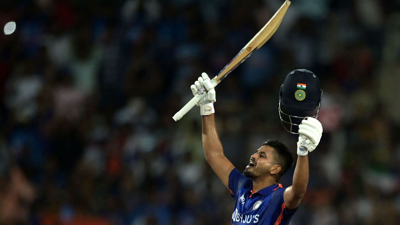 India's Shreyas Iyer celebrates after scoring a century against SA in the 2nd ODI. Credit: AFP Photo