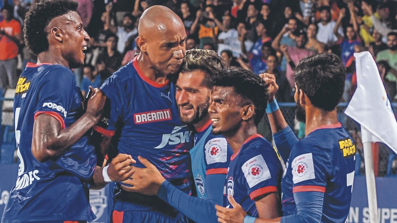 Alan Henrique Costa (second from left) of Bengaluru Football Club celebrated after score against North East United FC at Hero Indian Super League football match at Sree Kanteerava Stadium in Bengaluru. Credit: DH Photo/S K Dinesh