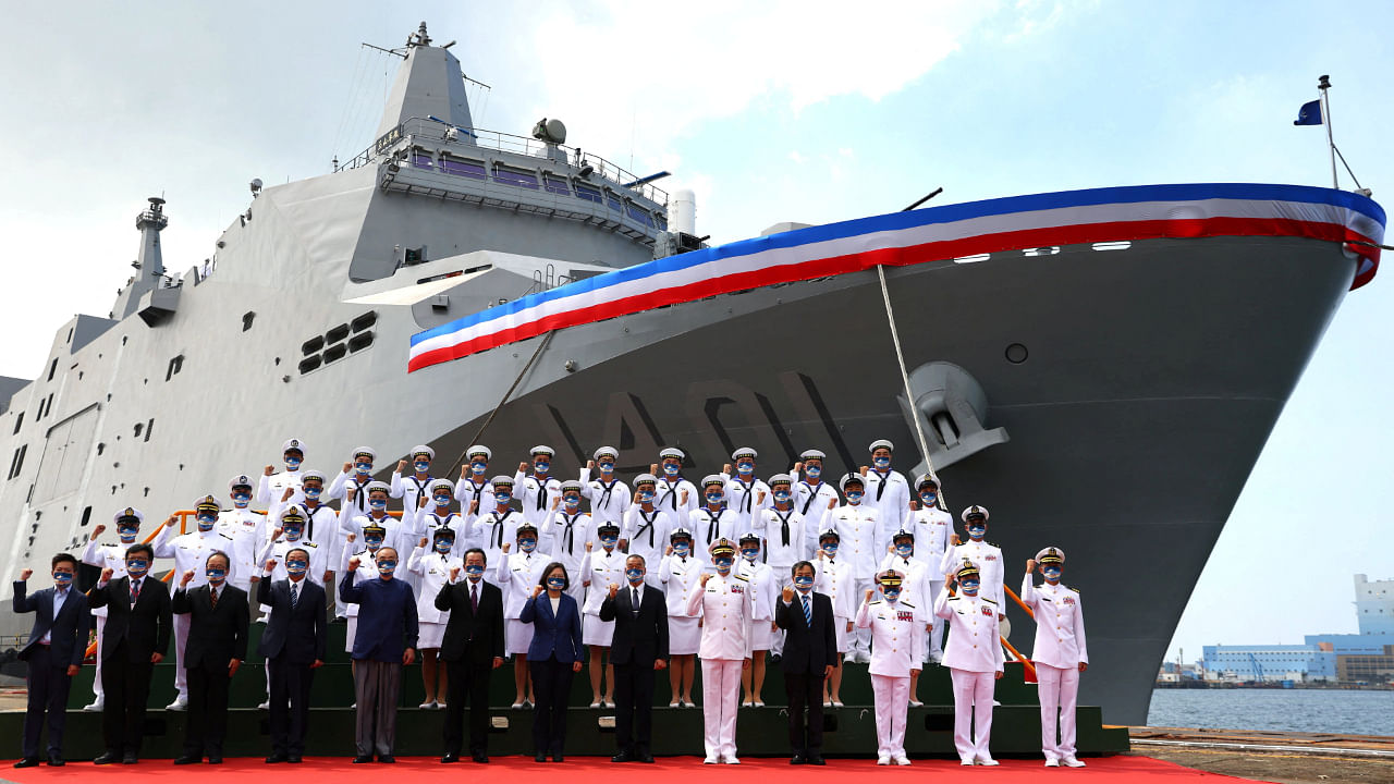 Taiwan President Tsai Ing-wen attends a delivery ceremony for the Navy's Yushan amphibious landing dock in Kaohsiung, Taiwan, September 30, 2022. Credit: Reuters File Photo