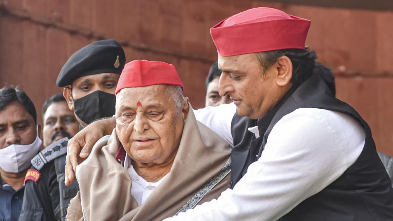 Mulayam Singh Yadav with Akhilesh Yadav. Credit: PTI Photo