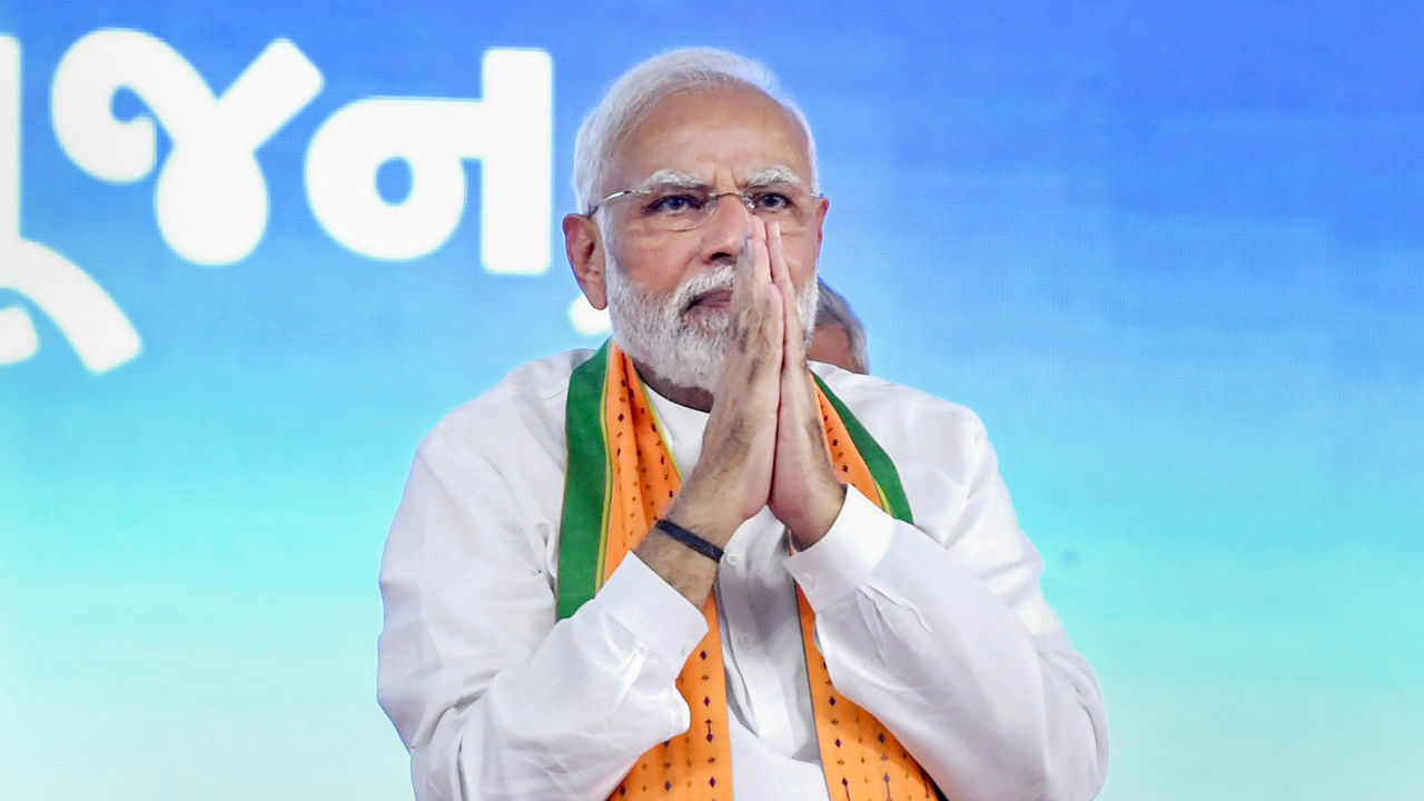 Prime Minister Narendra Modi during a ceremony for foundation stone laying and dedication to the nation of multiple projects, at Amod in Bharuch district, Monday, Oct. 10, 2022. Credit: PTI Photo