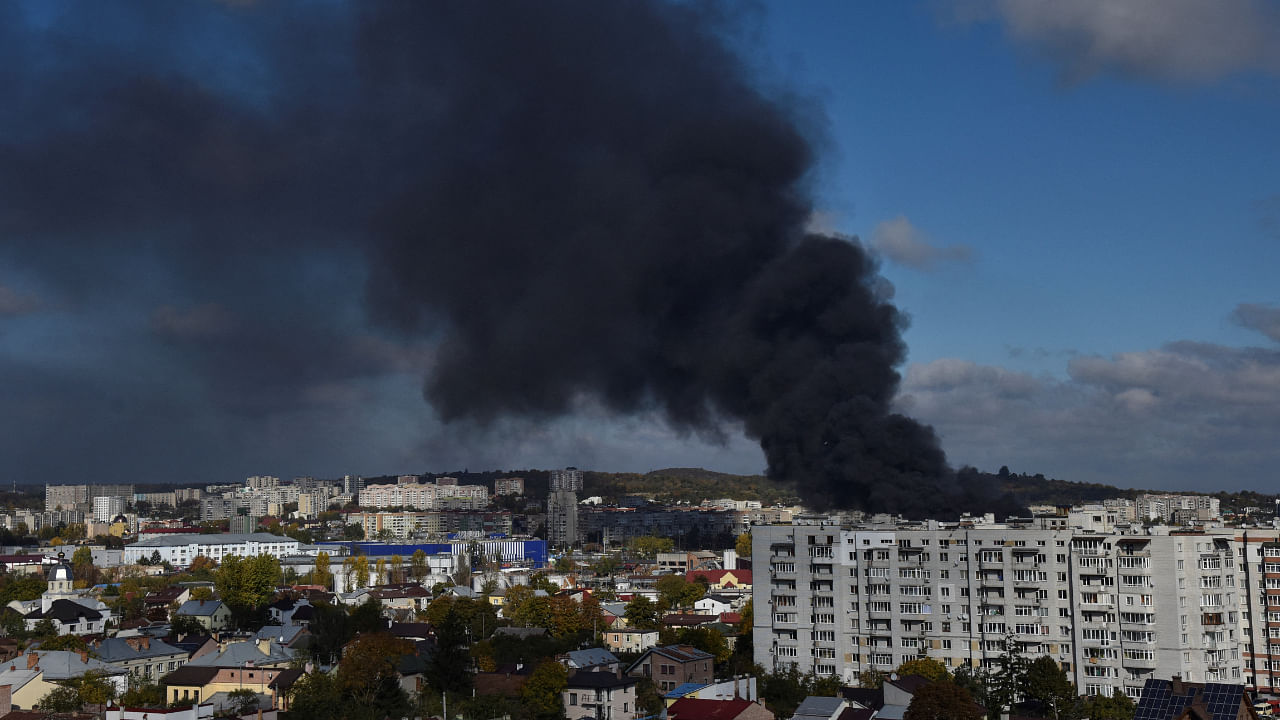 Smoke rises over the city after Russian missile strikes, amid Russia's attack on Ukraine, in Lviv, Ukraine October 10, 2022. Credit: Reuters Photo