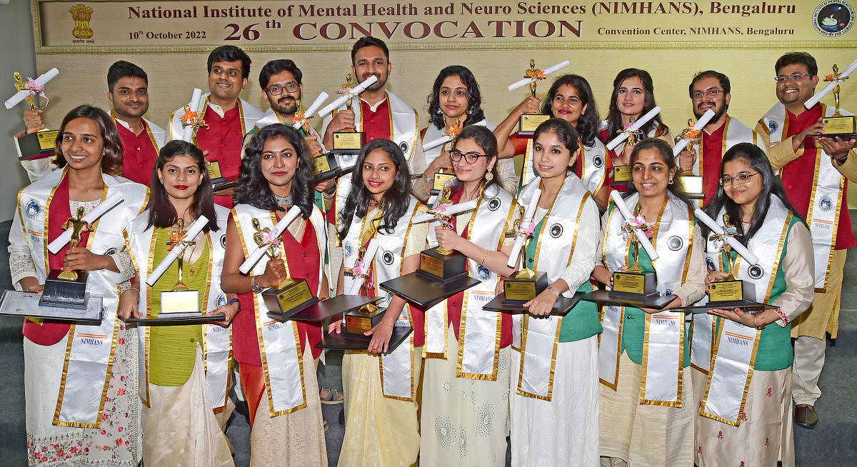 Students with their degree certificates at the 26th convocation of NIMHANS in Bengaluru on Monday. Credit: DH photo
