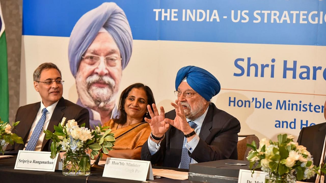 Union Minister Hardeep Singh Puri with US energy industry delegates during executive round table organised by US India strategic partnership forum in Houston. Credit: PTI Photo