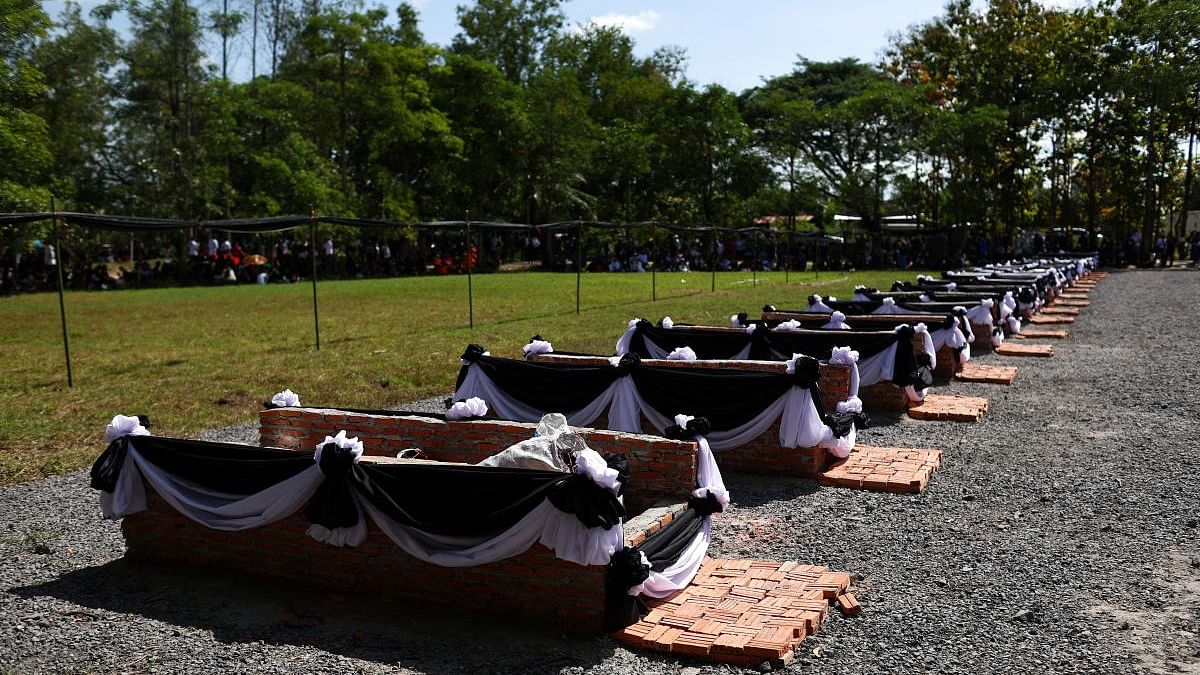 A view of funeral pyres decorated with black and white ribbons before the cremation ceremony of the victims of a mass shooting at a day care centre. Credit: Reuters Photo